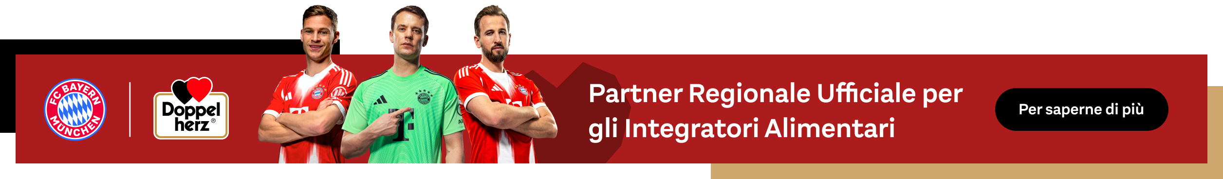 In primo piano sono mostrati tre giocatori del FC Bayern. Accanto a loro si trovano i loghi del FC Bayern Monaco e di Doppelherz, insieme al testo: "Partner regionale ufficiale per gli integratori alimentari". Un pulsante nero riporta la scritta "Per saperne di più".