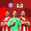 Tre giocatori del FC Bayern Monaco sono in piedi davanti a uno sfondo rosso con forme geometriche a cuore. Da sinistra a destra: Harry Kane, Jamal Musiala e Manuel Neuer. Sopra di loro si trovano i loghi del FC Bayern Monaco e di Doppelherz, a indicare una partnership tra i marchi.